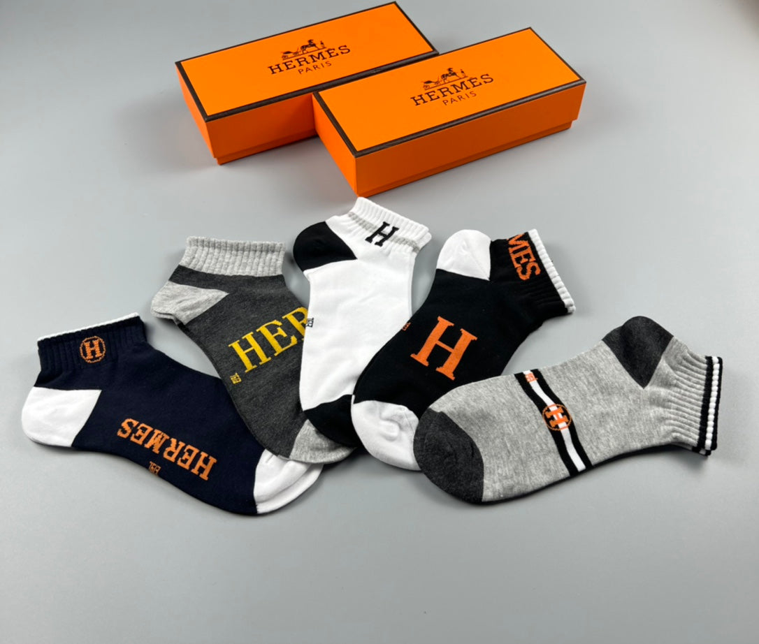 Hermes Cotton Initial And Wordmark Details No-Show Socks - 5-Pair Set