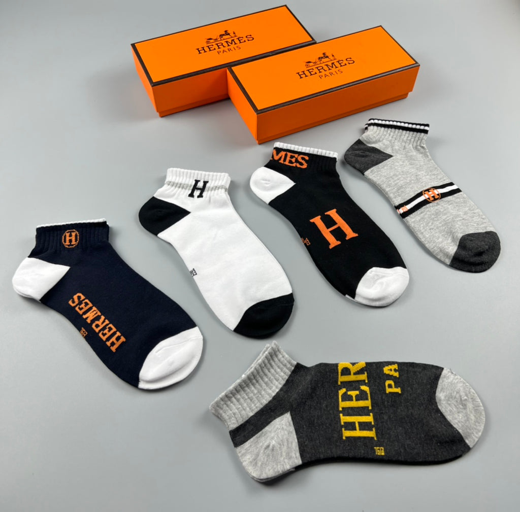 Hermes Cotton Initial And Wordmark Details No-Show Socks - 5-Pair Set