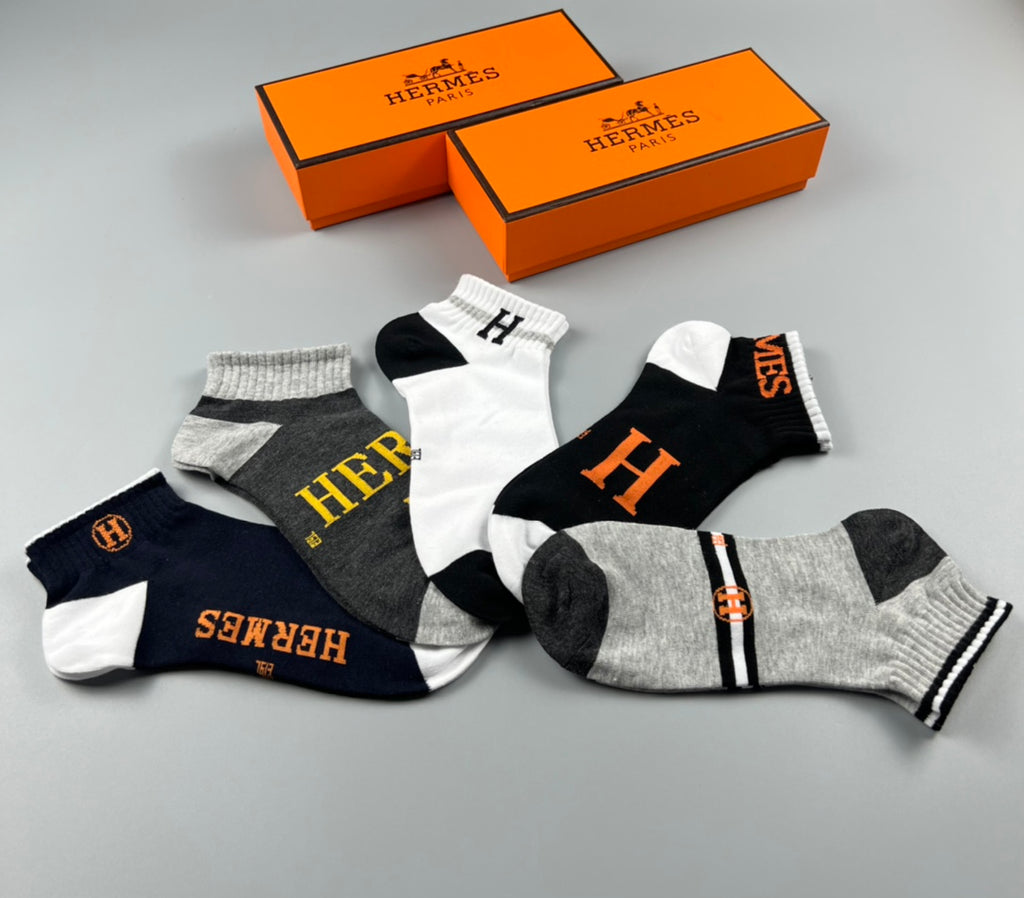 Hermes Cotton Visible Colour, Cuff And Emblem Details No-Show Socks - 5-Pair Set