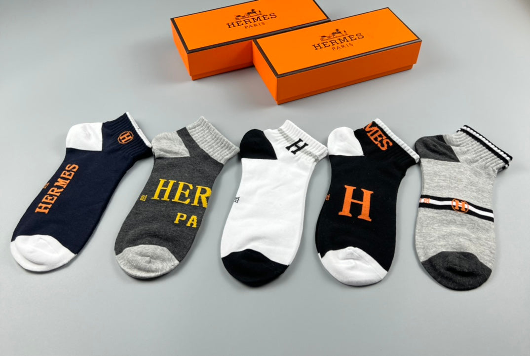 Hermes Cotton Initial And Wordmark Details No-Show Socks - 5-Pair Set