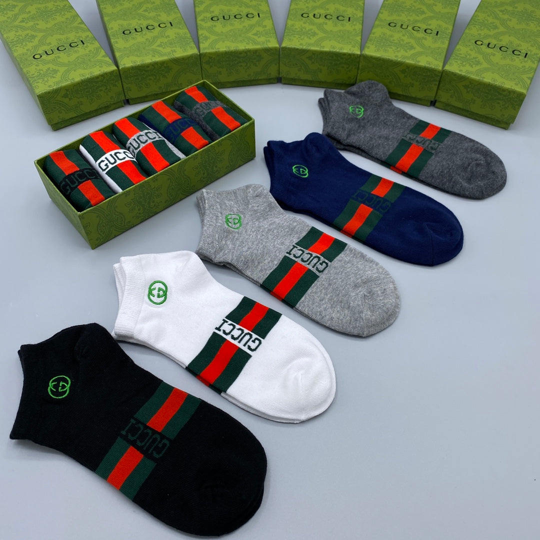 Gucci Green-And-Red Stripe Details No-Show Socks - 5-Pair Set