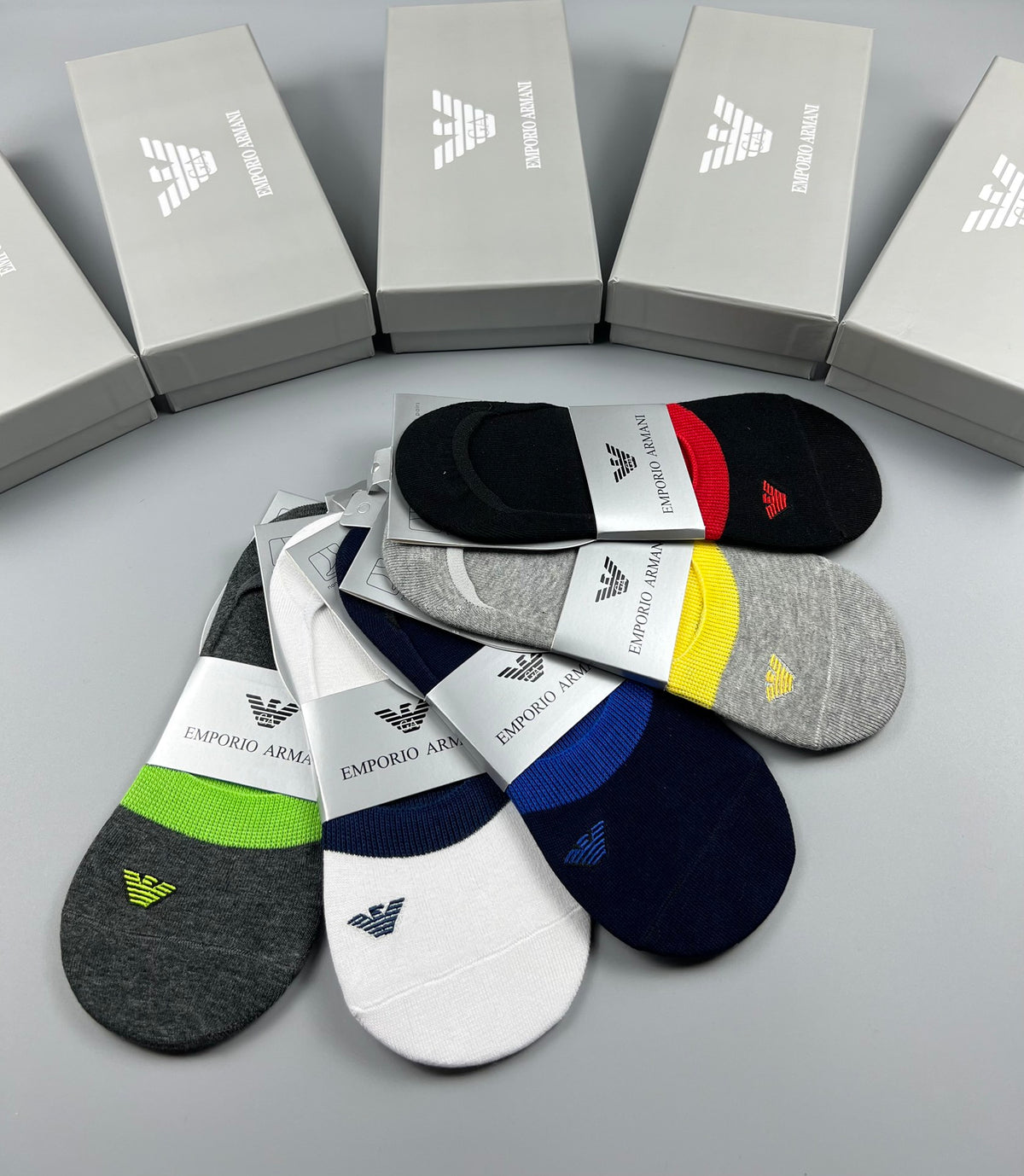 Emporio Armani Cotton Visible Colour, Cuff And Emblem Details No-Show Socks - 5-Pair Set