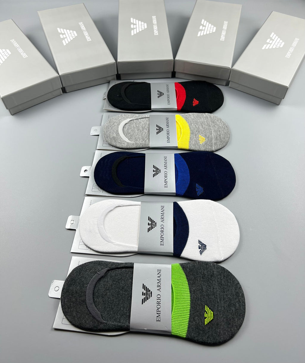 Emporio Armani Cotton Visible Colour, Cuff And Emblem Details No-Show Socks - 5-Pair Set