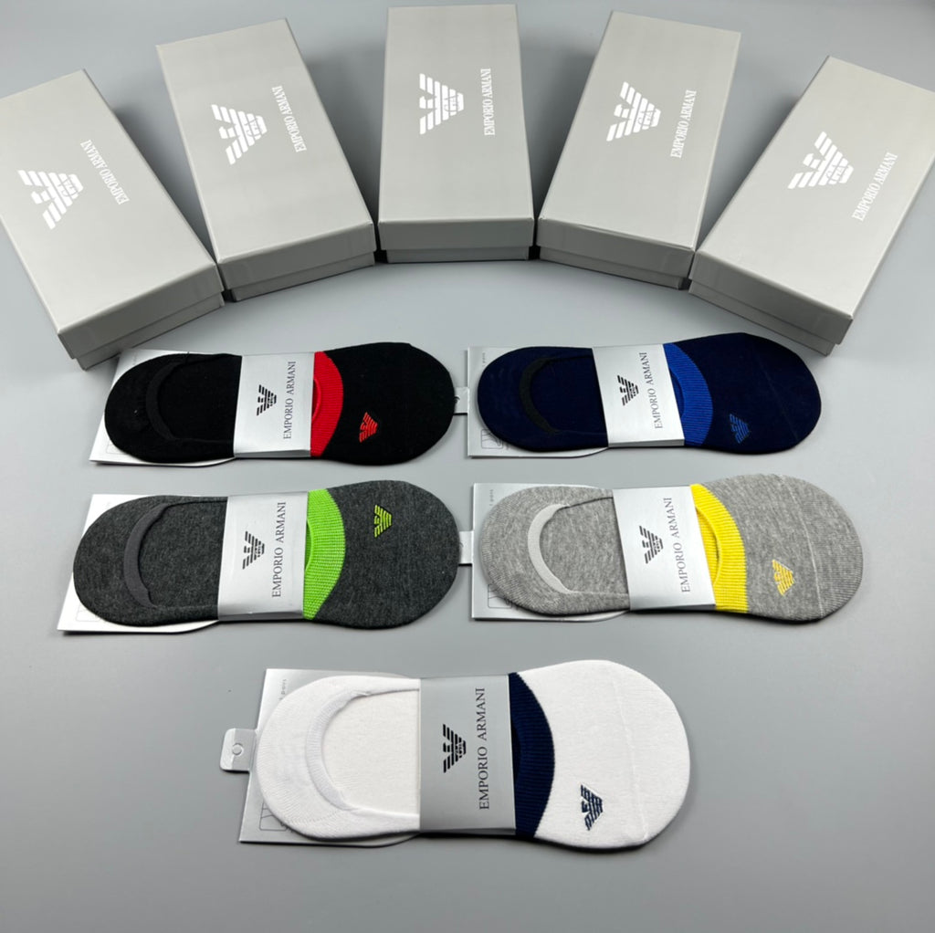 Emporio Armani Cotton Visible Colour, Cuff And Emblem Details No-Show Socks - 5-Pair Set