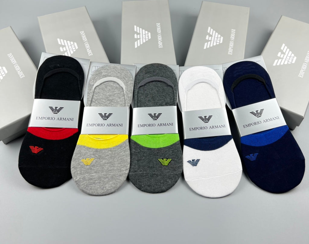 Emporio Armani Cotton Visible Colour, Cuff And Emblem Details No-Show Socks - 5-Pair Set
