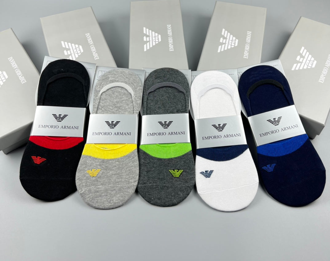 Emporio Armani Cotton Visible Colour, Cuff And Emblem Details No-Show Socks - 5-Pair Set