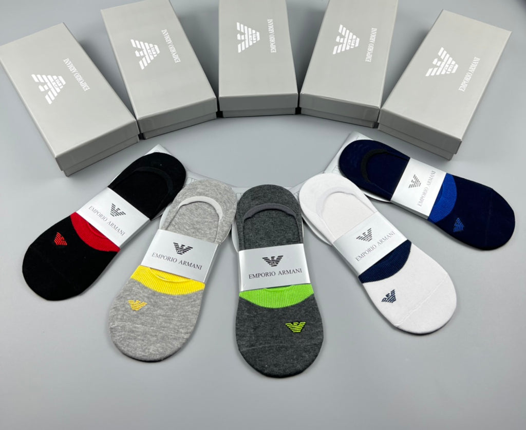 Emporio Armani Cotton Visible Colour, Cuff And Emblem Details No-Show Socks - 5-Pair Set