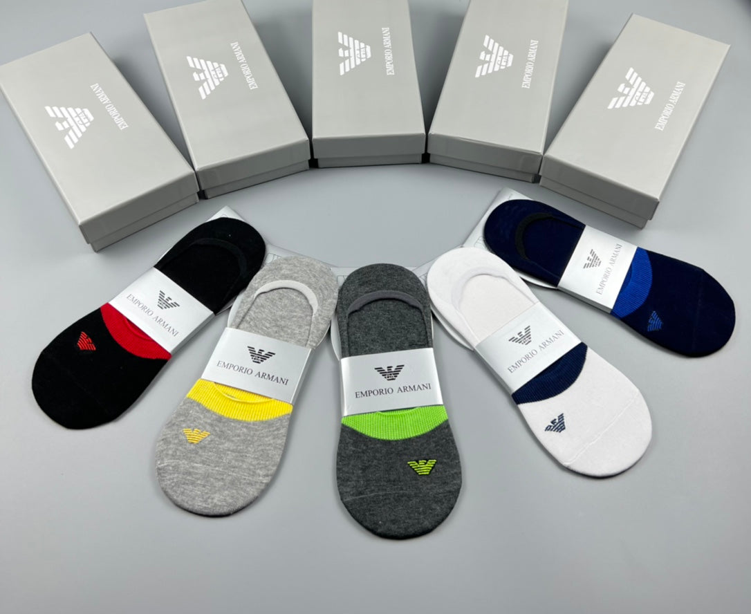 Emporio Armani Cotton Visible Colour, Cuff And Emblem Details No-Show Socks - 5-Pair Set
