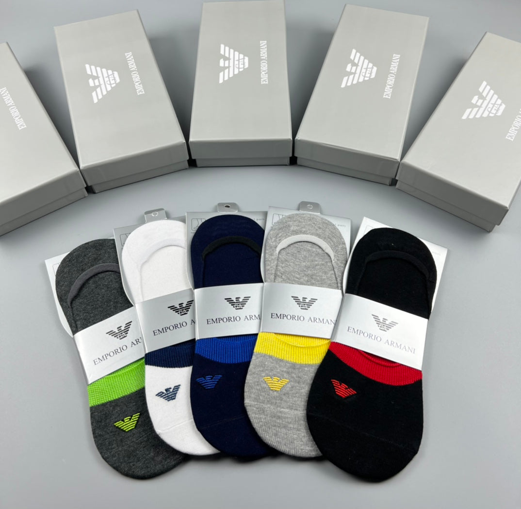 Emporio Armani Cotton Visible Colour, Cuff And Emblem Details No-Show Socks - 5-Pair Set