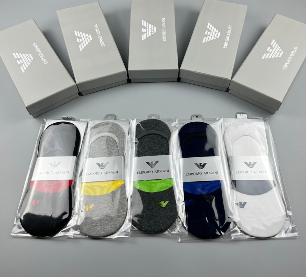 Emporio Armani Cotton Visible Colour, Cuff And Emblem Details No-Show Socks - 5-Pair Set