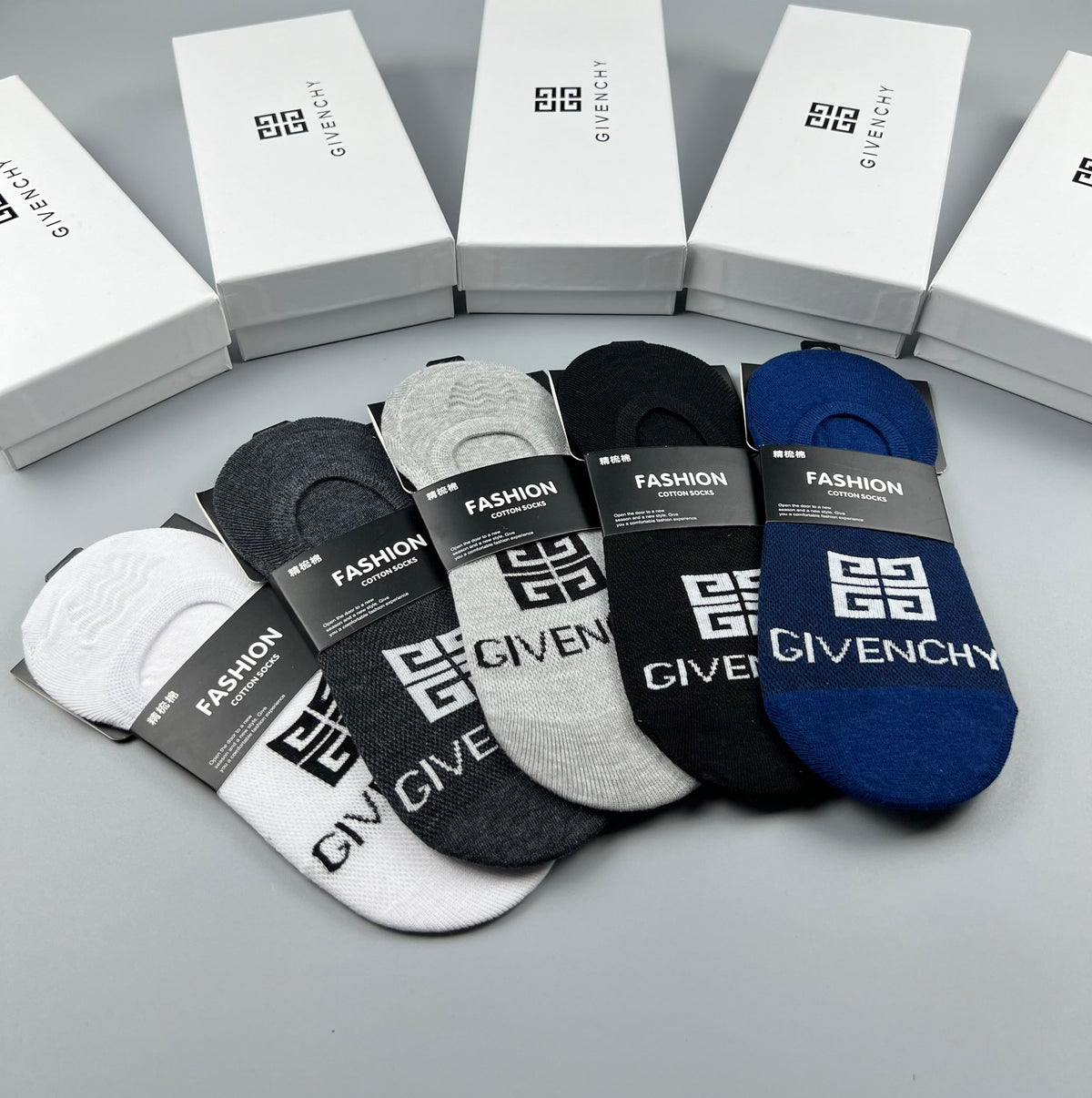 Givenchy Cotton Visible Colour, Cuff And Emblem Details No-Show Socks - 5-Pair Set