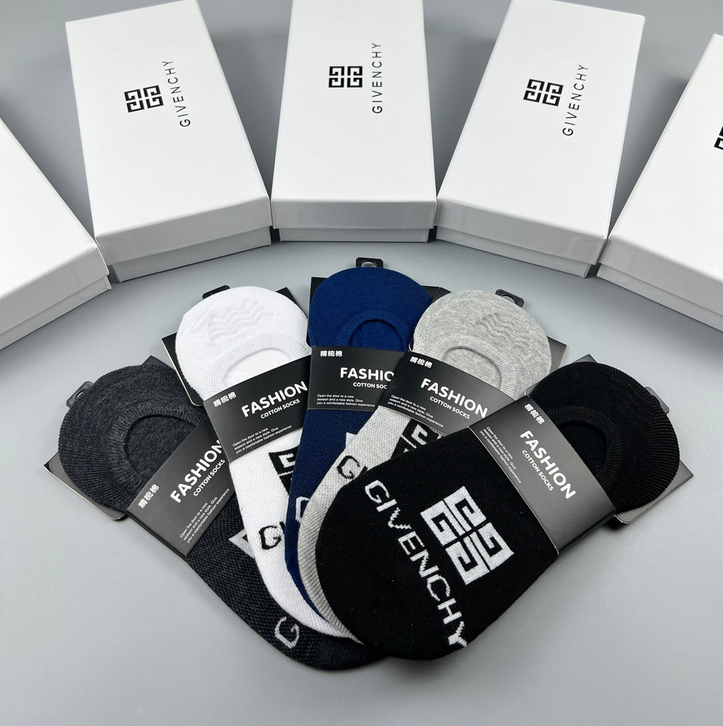 Givenchy Cotton Visible Colour, Cuff And Emblem Details No-Show Socks - 5-Pair Set
