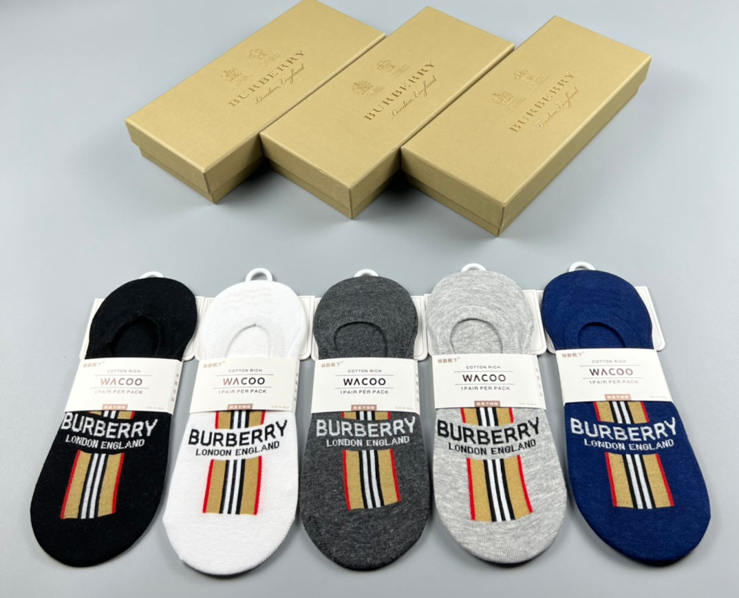 Burberry Cotton Visible Logo, Stripe Or Motif Details No-Show Socks - 5-Pair Set
