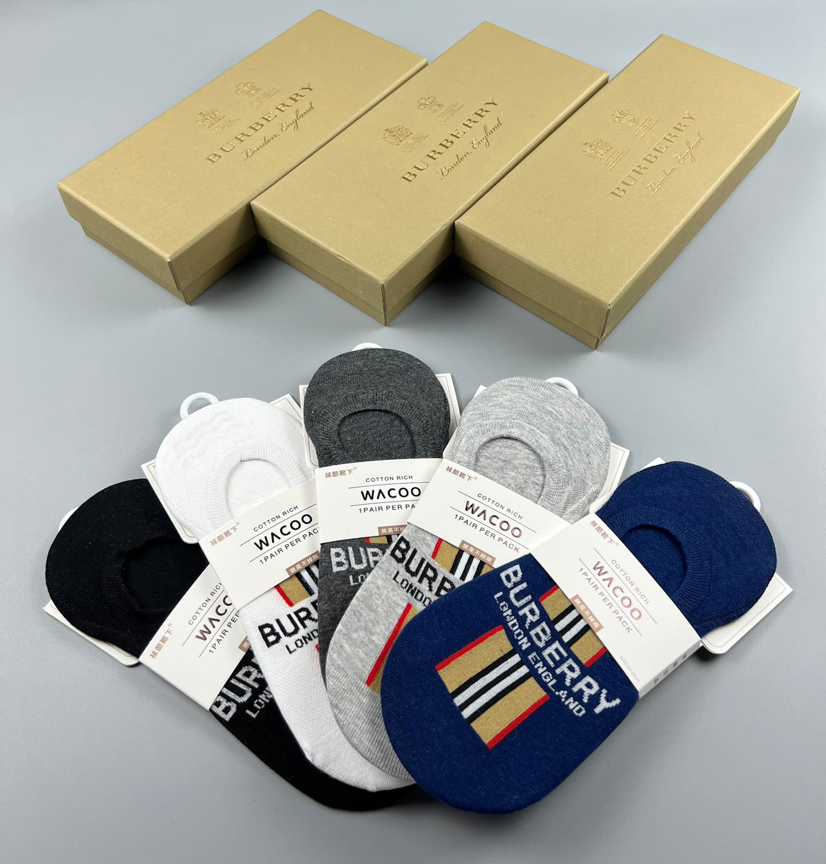 Burberry Cotton Visible Colour, Cuff And Emblem Details No-Show Socks - 5-Pair Set