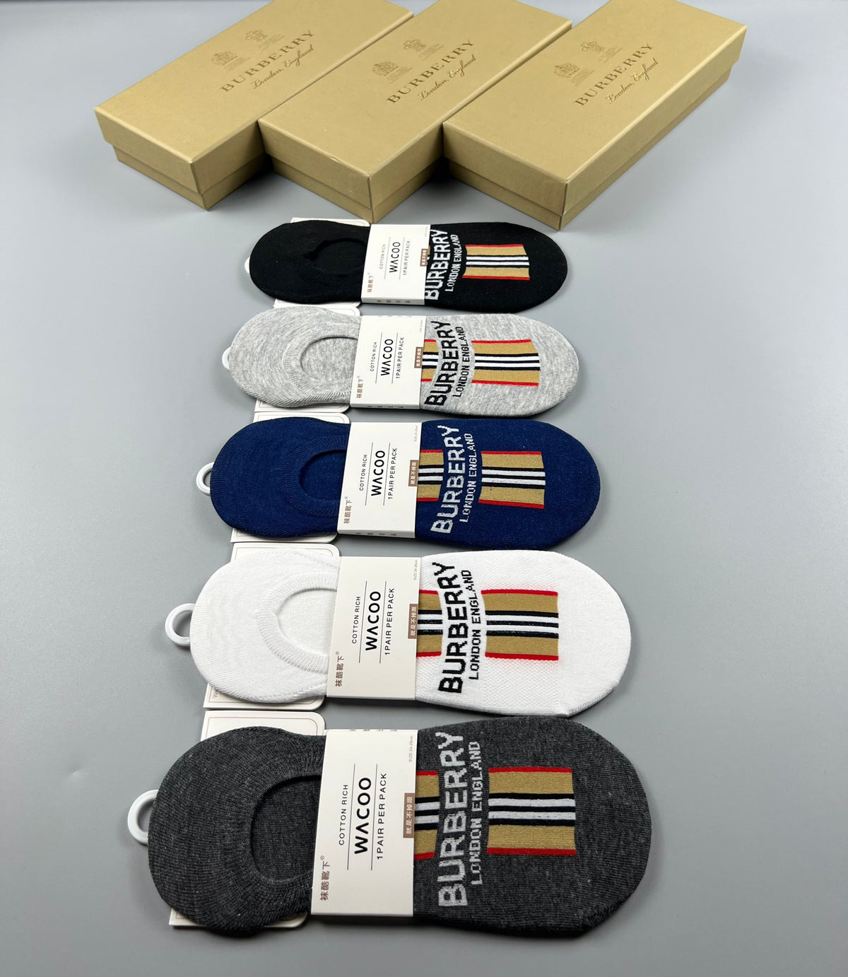 Burberry Cotton Visible Logo, Stripe Or Motif Details No-Show Socks - 5-Pair Set