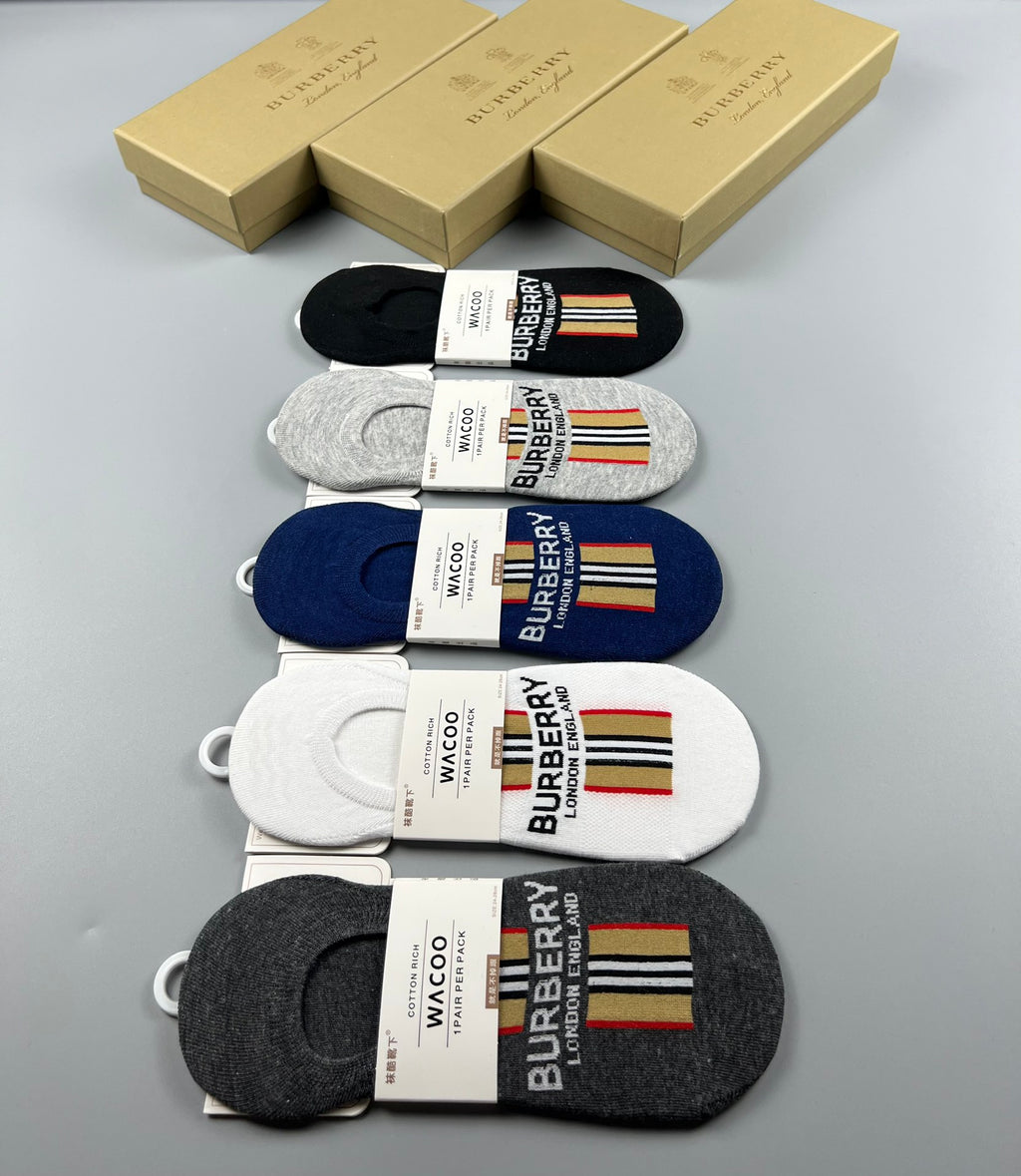 Burberry Cotton Visible Colour, Cuff And Emblem Details No-Show Socks - 5-Pair Set