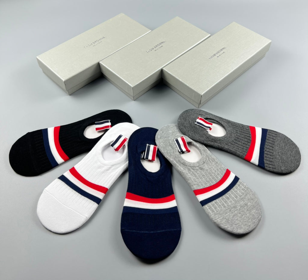 Thom Browne Cotton Red-White-Blue Stripe Panels No-Show Socks - 5-Pair Set
