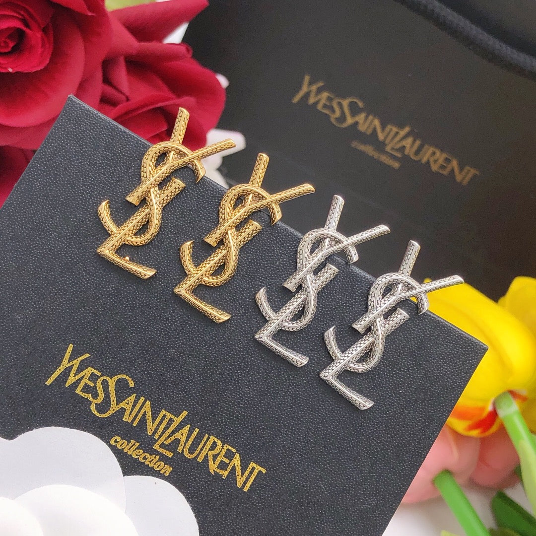 Letter Emblem Stud Earrings in Silver-Tone – Design 002 front product view