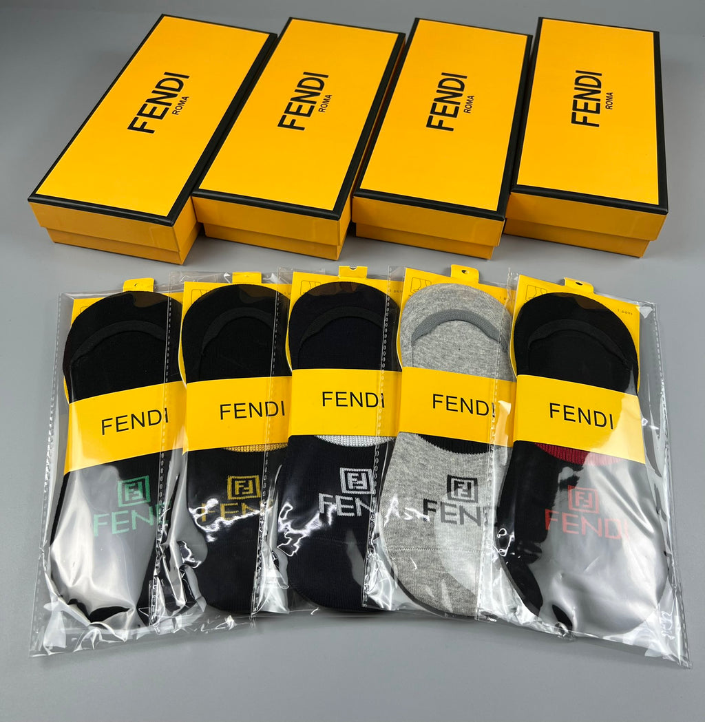 Fendi Cotton Visible Colour, Cuff And Emblem Details No-Show Socks - 5-Pair Set
