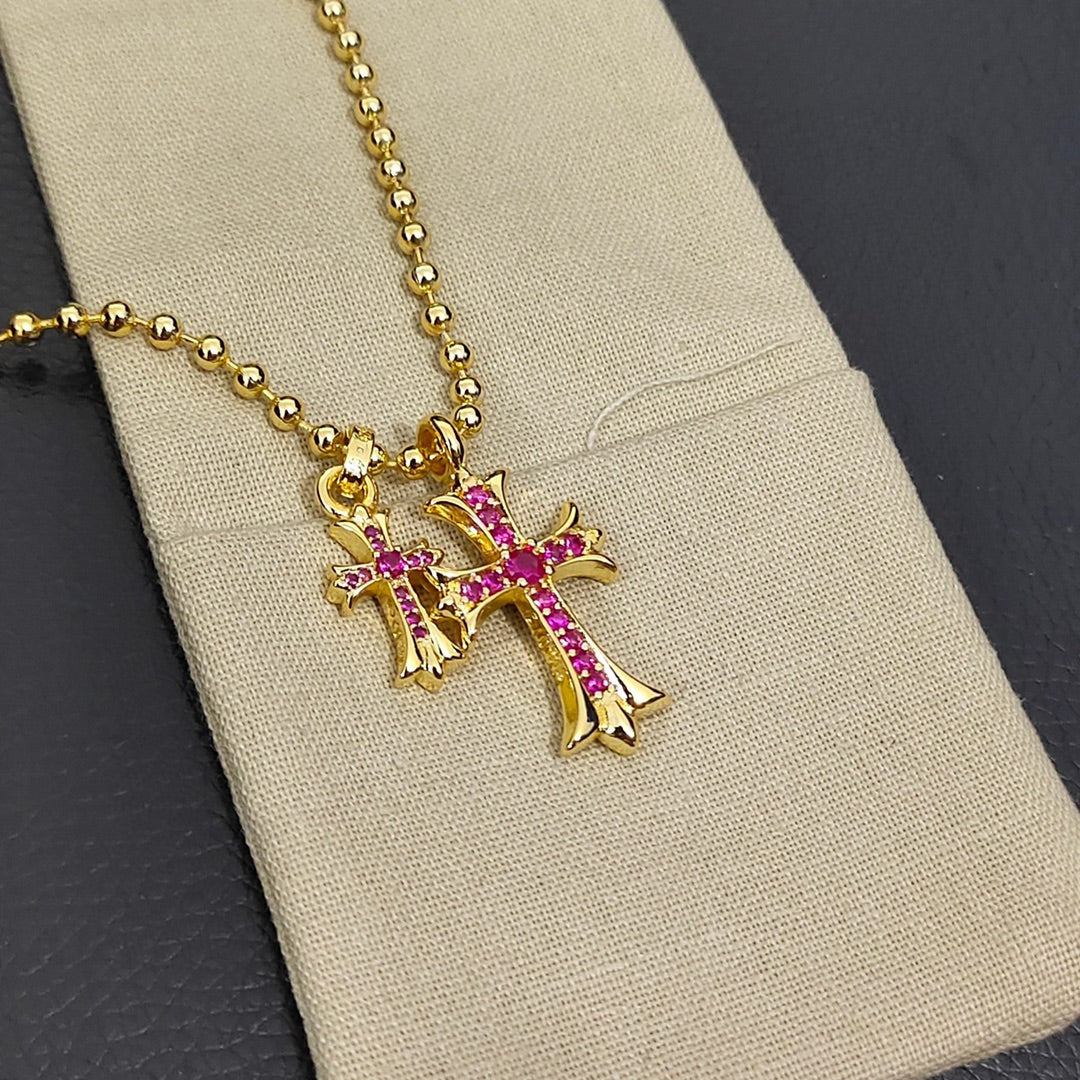 Double Cross Pendant Necklace in Metal-Tone – Pink Crystal Detail detail view