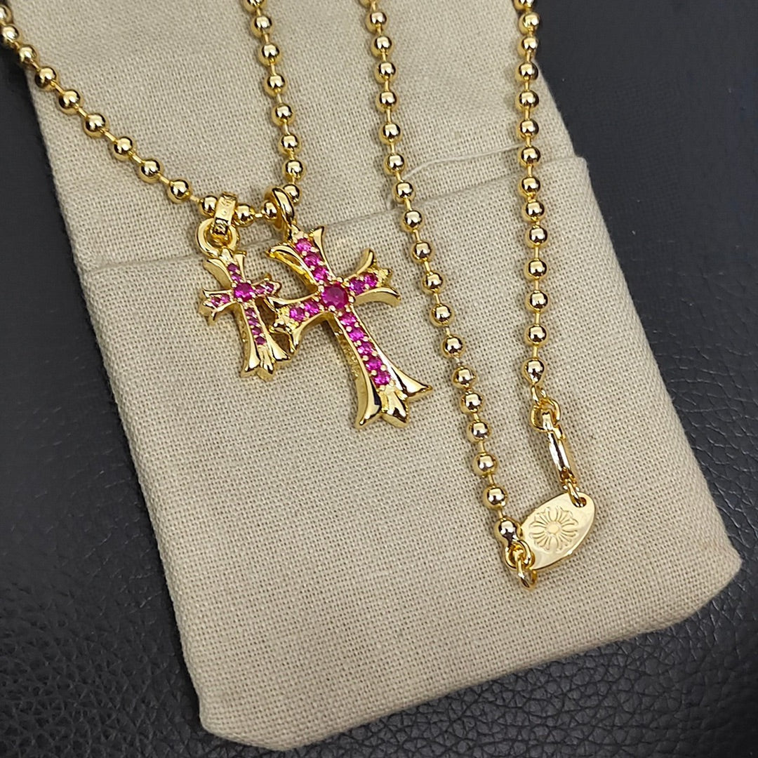 Double Cross Pendant Necklace in Metal-Tone – Pink Crystal Detail styled product view