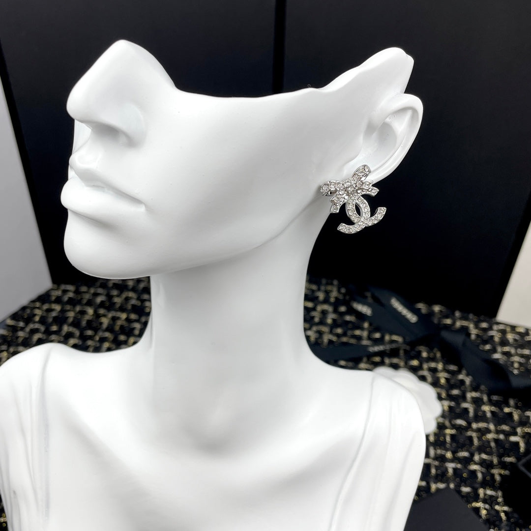 Double-C Emblem Crystal-Accent Stud Earrings – Design 039 close-up detail