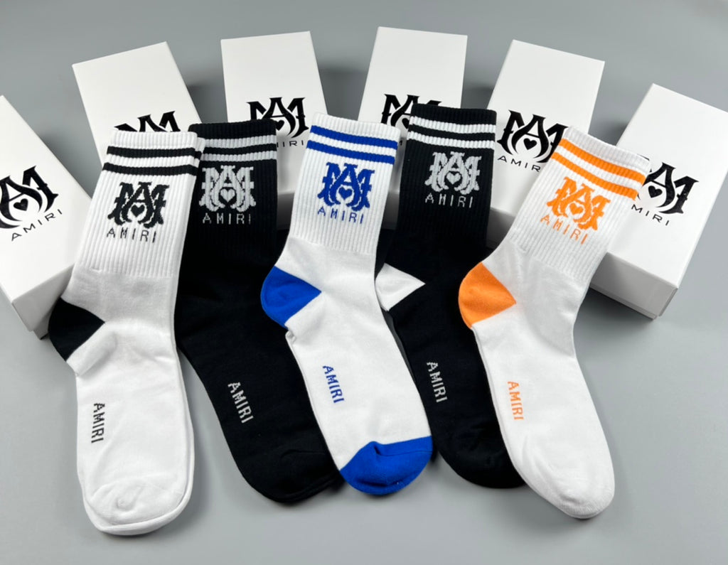 Amiri Crew Socks - White, Black, Blue and Orange 5-Pair Box