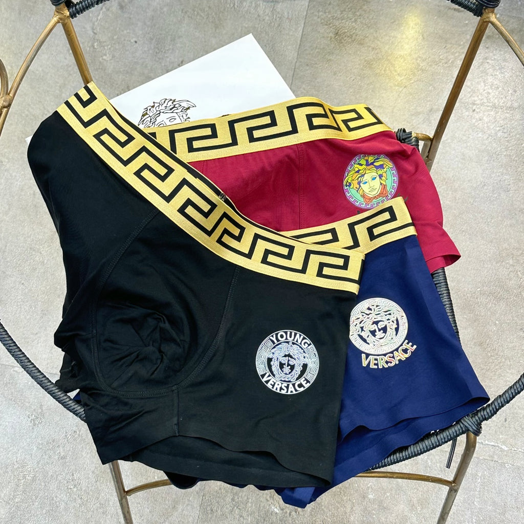 Versace Burgundy Navy Greek-Key Boxer Briefs 3-Piece Box