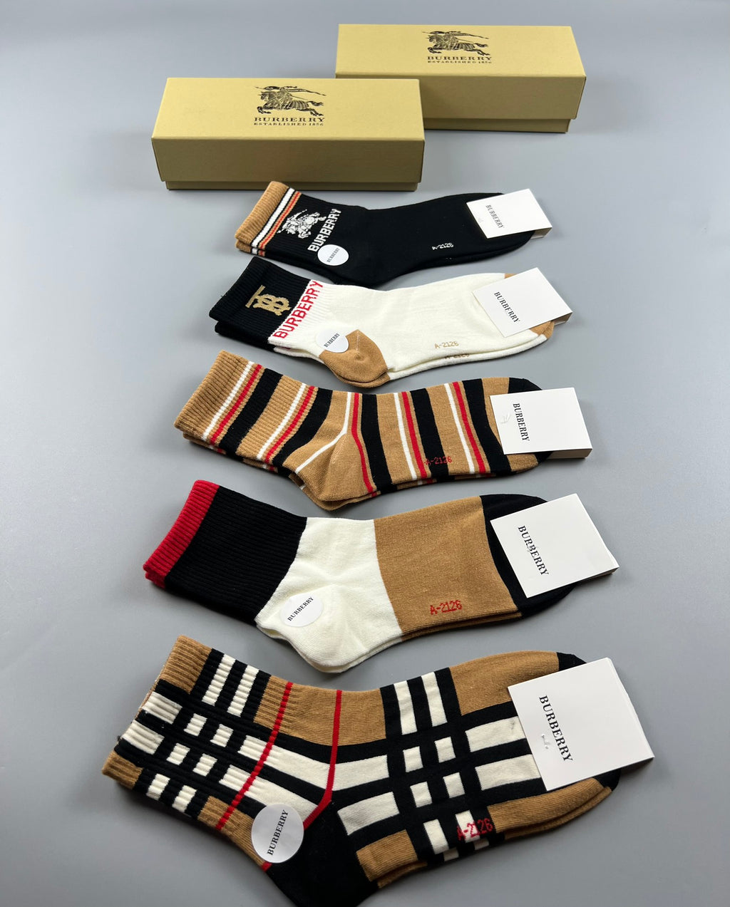 Burberry Crew Socks - Black, White, Tan and Striped 5-Pair Box