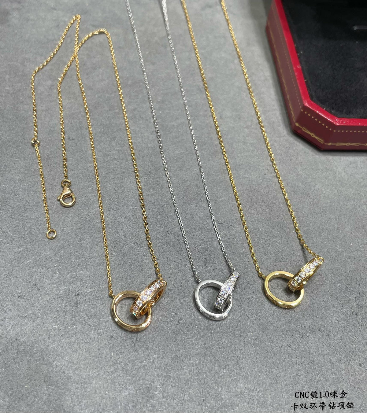 Double-Ring Motif Pendant Necklace in Gold-Tone with Crystal-Style Accents – Design 02 side detail