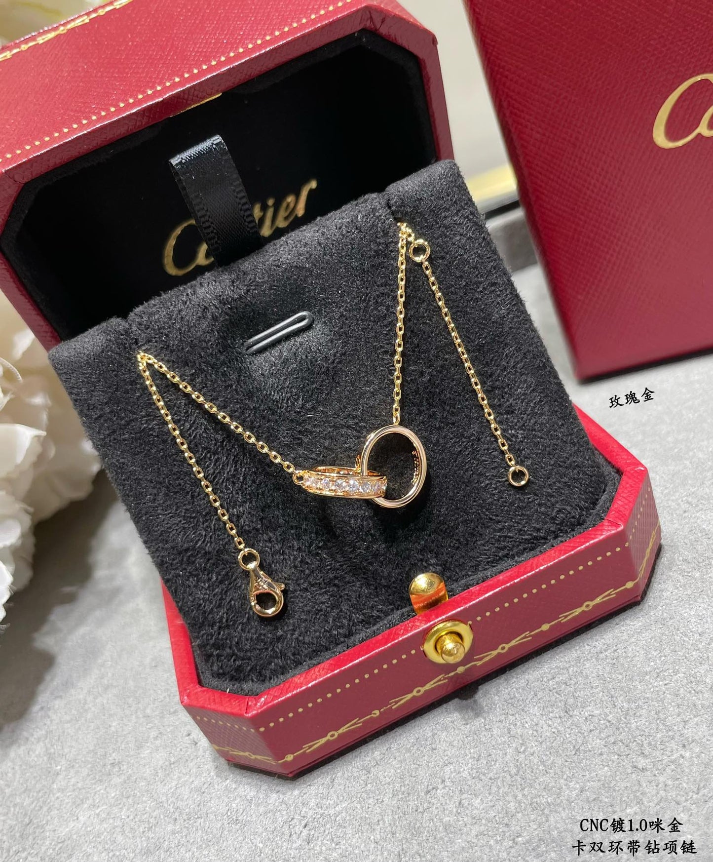 Double-Ring Motif Pendant Necklace in Gold-Tone with Crystal-Style Accents – Design 02 close-up detail