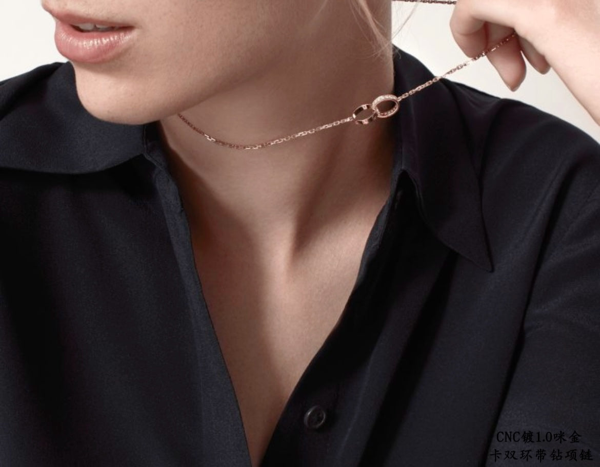 Double-Ring Motif Pendant Necklace in Gold-Tone with Crystal-Style Accents – Design 02 front view