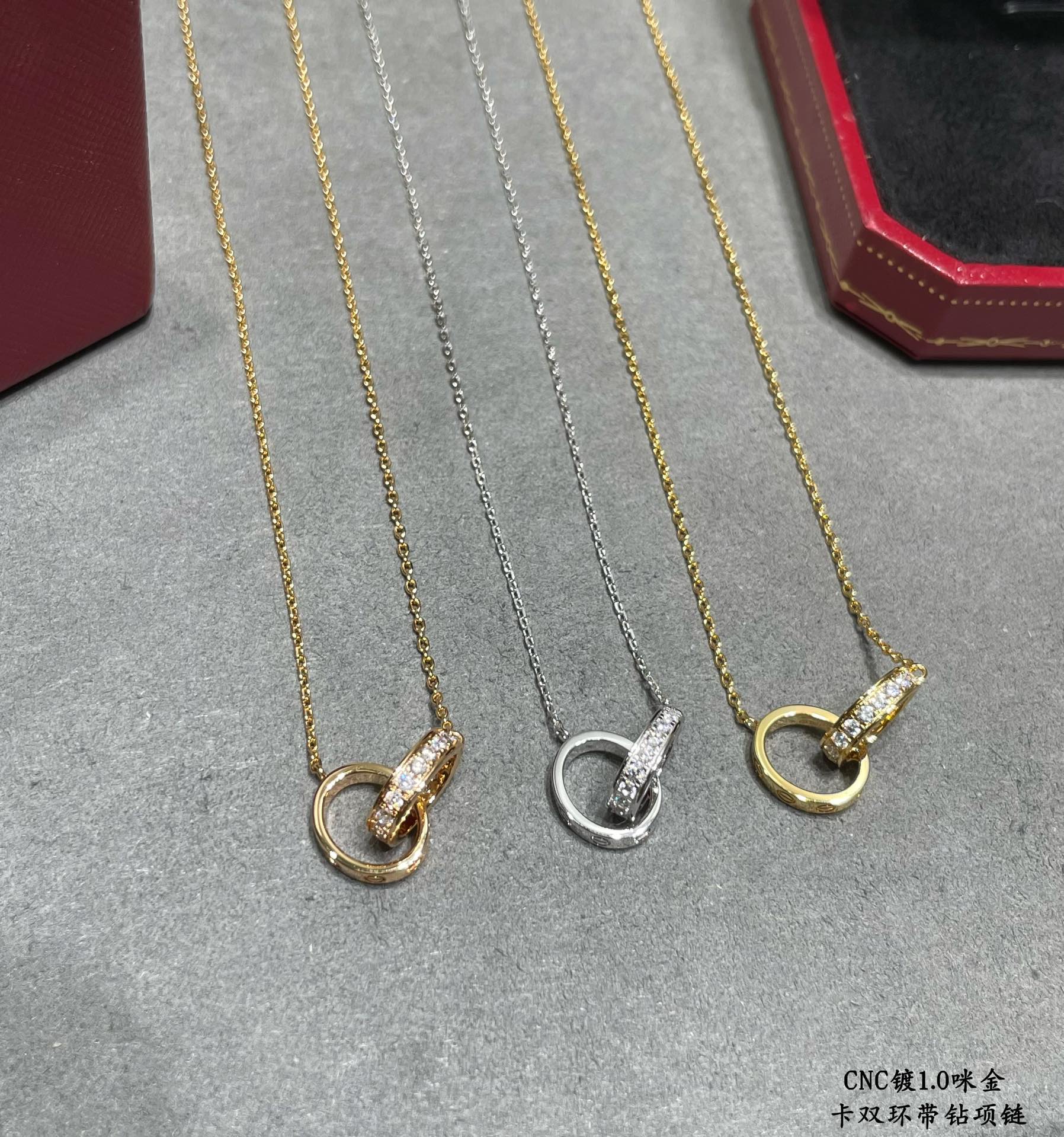 Double-Ring Motif Pendant Necklace in Gold-Tone with Crystal-Style Accents – Design 02 front view