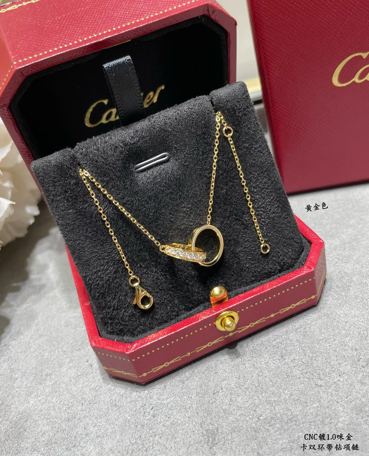Double-Ring Motif Pendant Necklace in Gold-Tone with Crystal-Style Accents – Design 02 styled view
