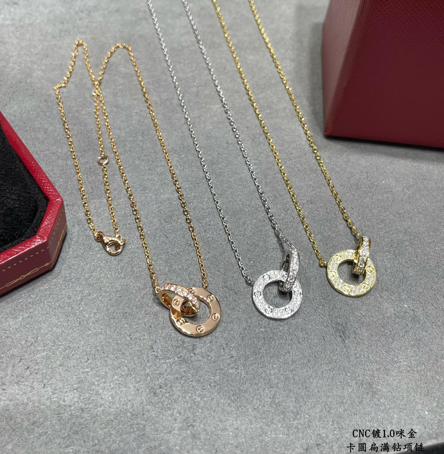 Double-Ring Motif Pendant Necklace in Gold-Tone with Crystal-Style Accents – Design 03 styled view