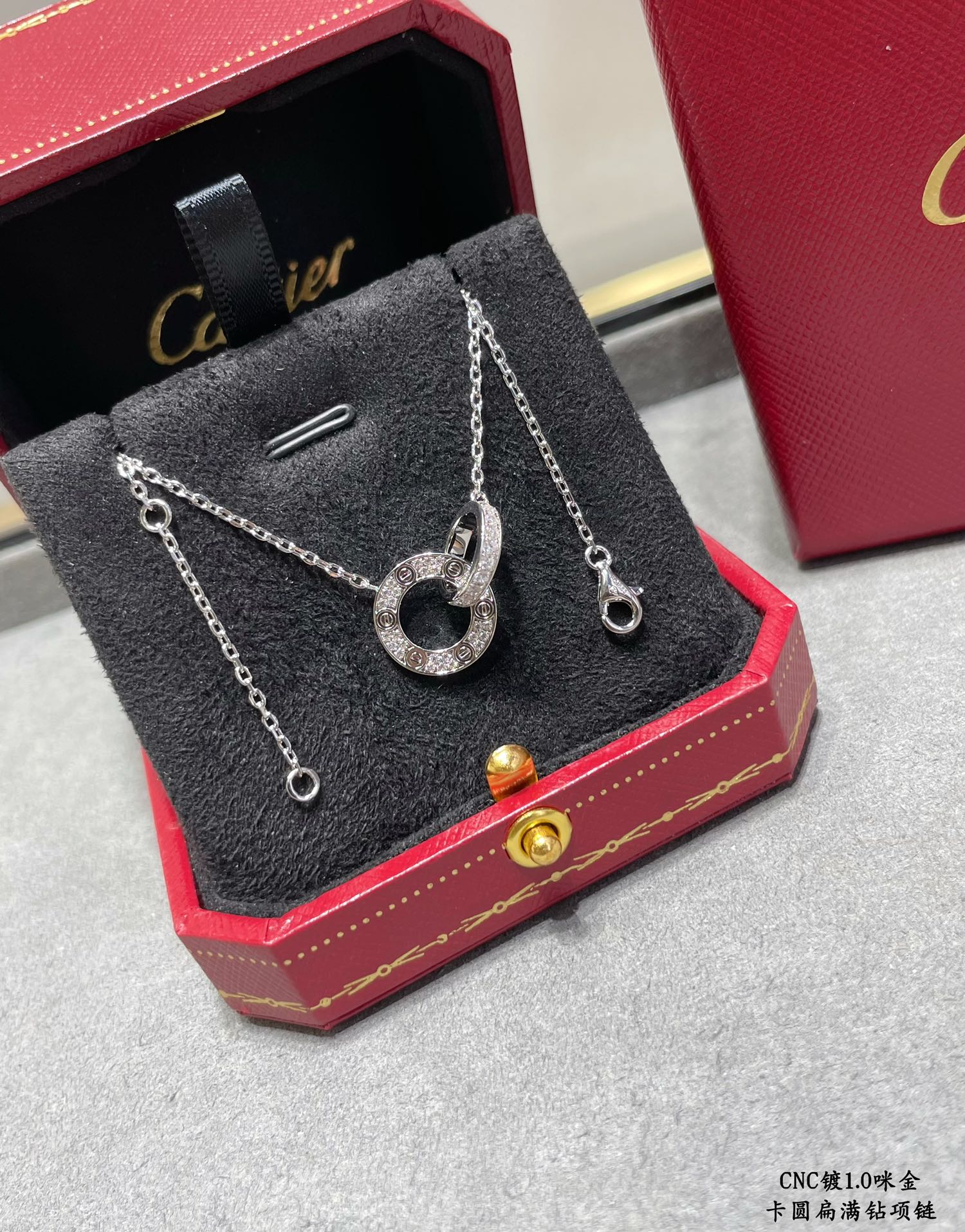 Double-Ring Motif Pendant Necklace in Gold-Tone with Crystal-Style Accents – Design 03 detail view