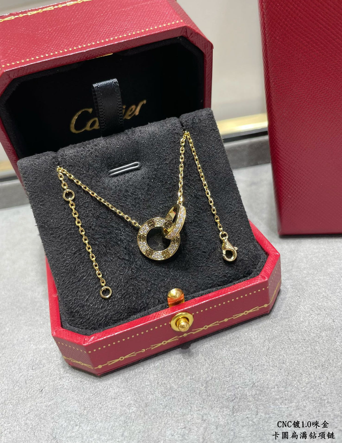 Double-Ring Motif Pendant Necklace in Gold-Tone with Crystal-Style Accents – Design 03 side detail