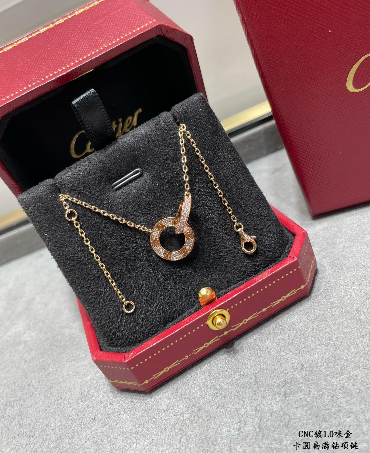 Double-Ring Motif Pendant Necklace in Gold-Tone with Crystal-Style Accents – Design 03 front view