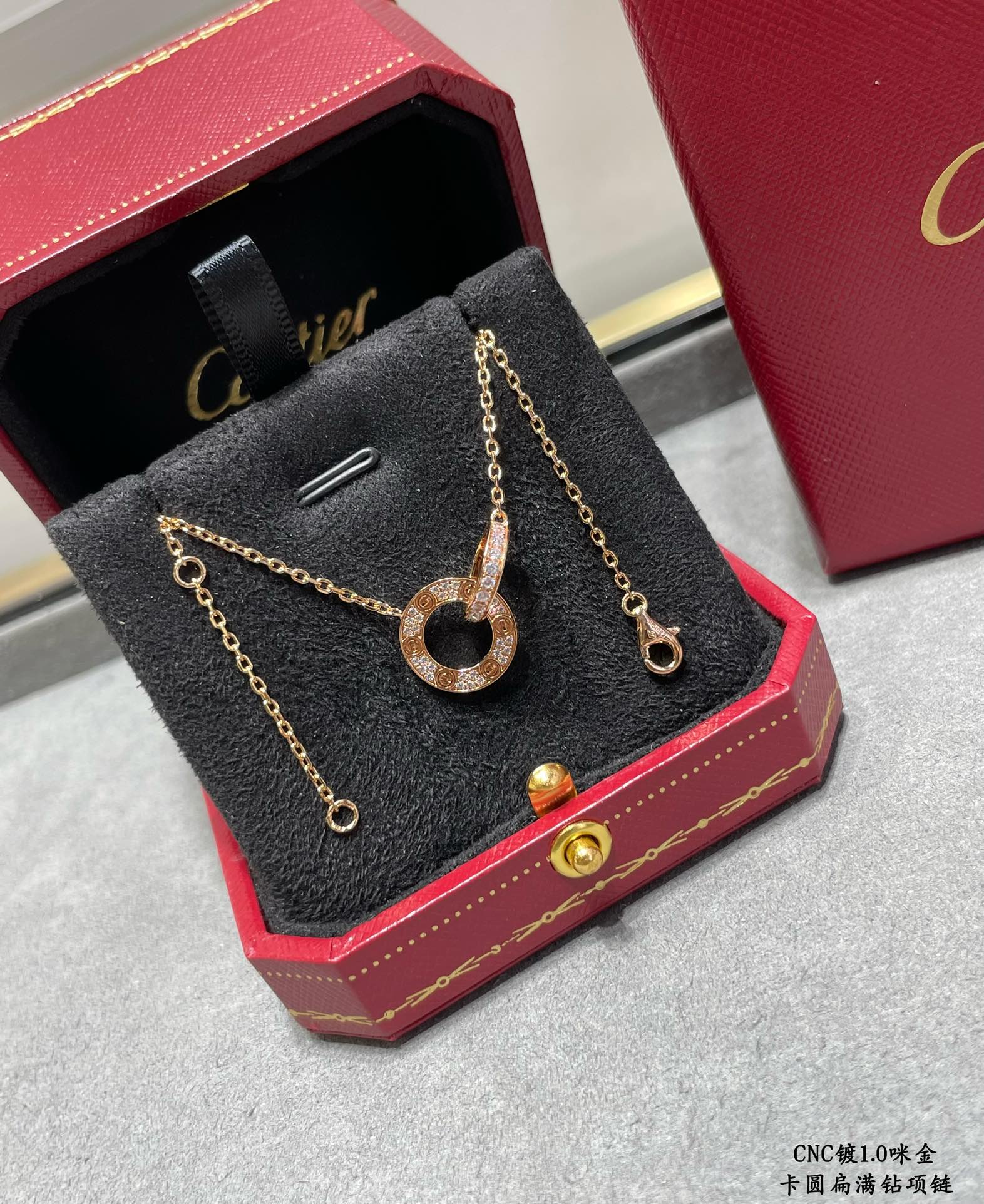 Double-Ring Motif Pendant Necklace in Gold-Tone with Crystal-Style Accents – Design 03 front view