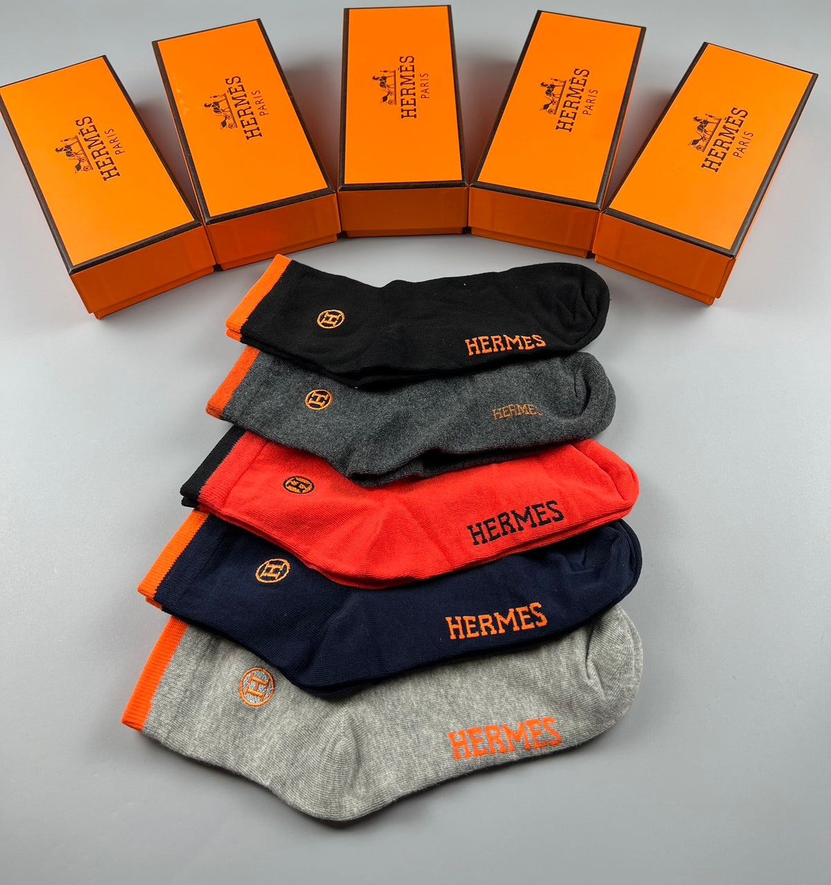 Hermes Cotton Visible Branded Cuff Or Emblem Details Crew Socks - 5-Pair Set