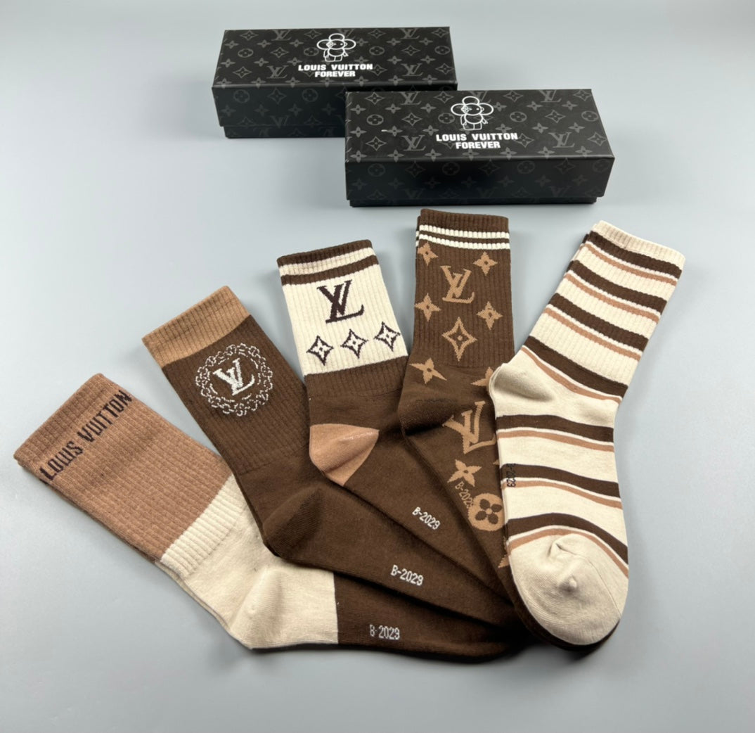 Louis Vuitton Stripes And Monogram-Style Motifs Crew Socks - 5-Pair Set