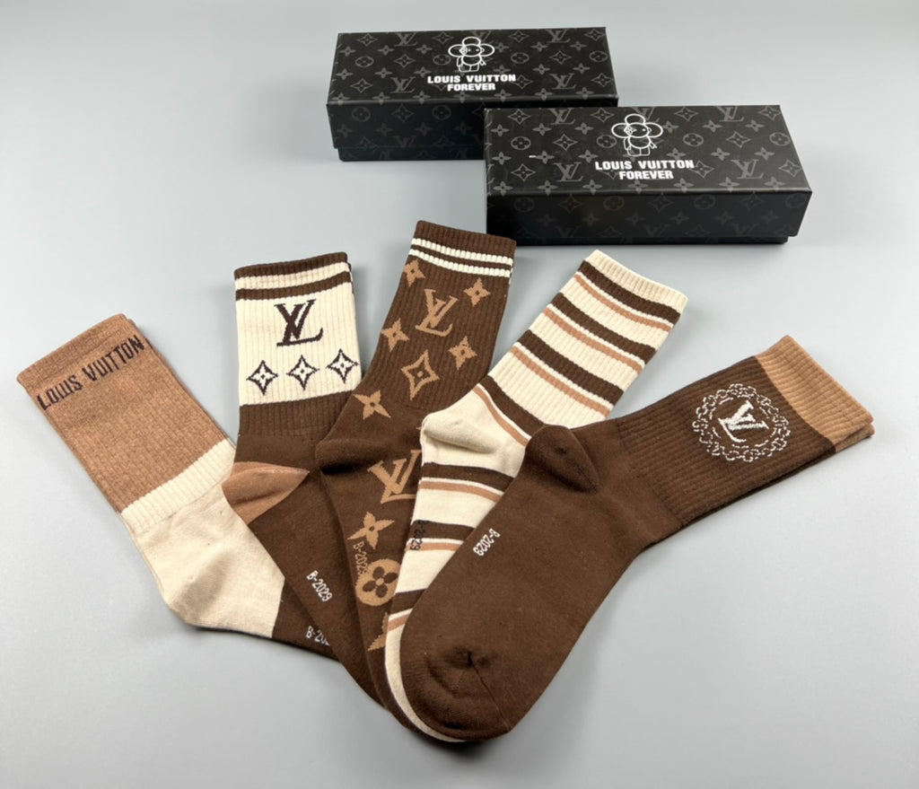 Louis Vuitton Stripes And Monogram-Style Motifs Crew Socks - 5-Pair Set