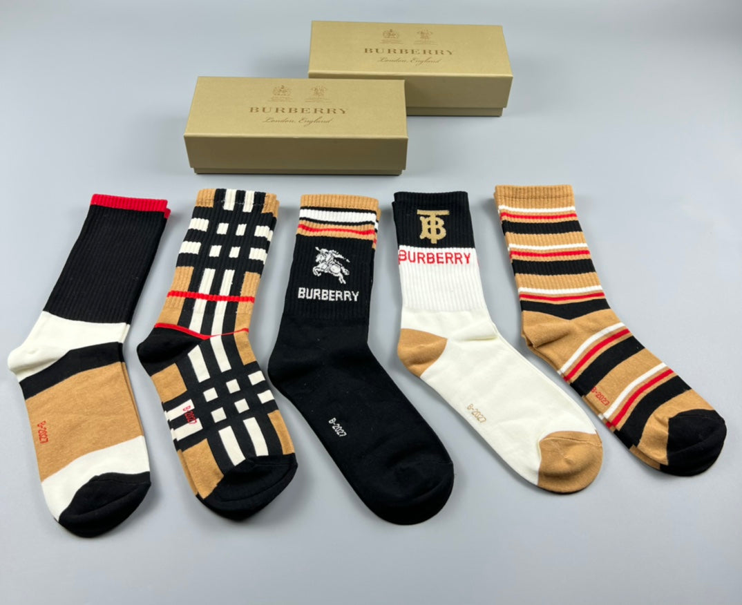 Burberry Crew Socks - Black, White, Tan and Striped 5-Pair Box