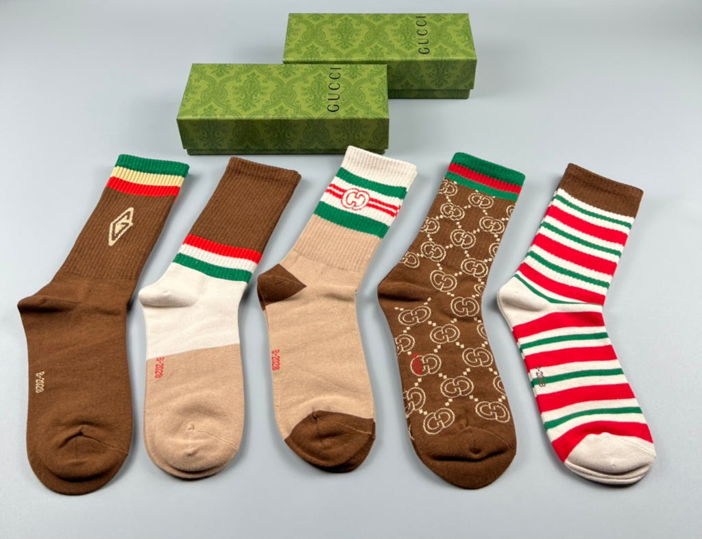 Gucci Brown Monogram Crew Socks - Box of 5 Pairs