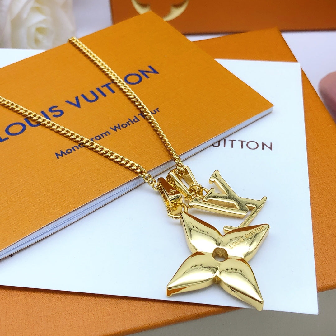 Geometric Emblem Pendant Necklace in Gold-Tone – Design 042 front product view