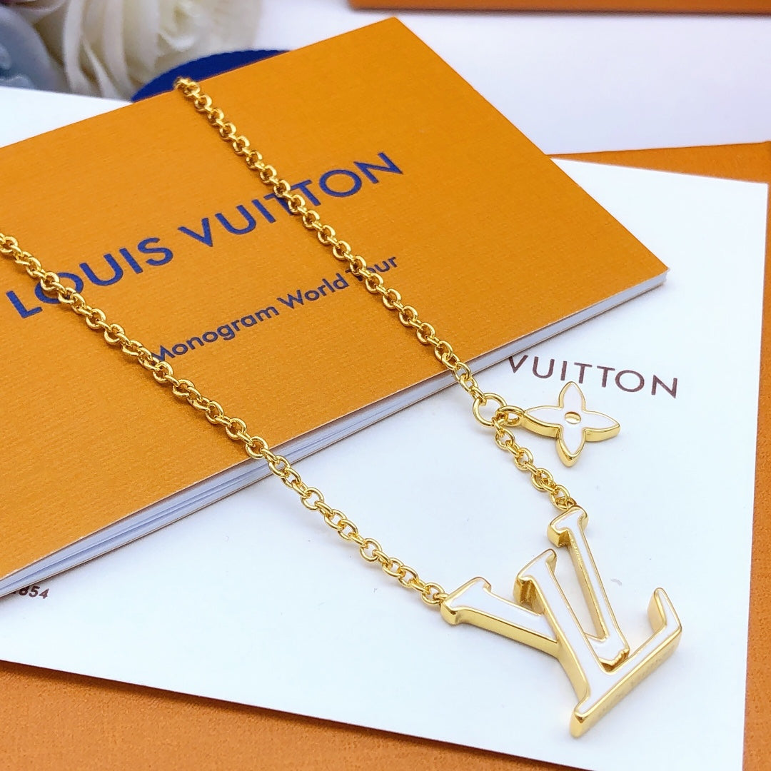 Geometric Emblem Pendant Necklace in Gold-Tone – White Detail – Design 006 main product view