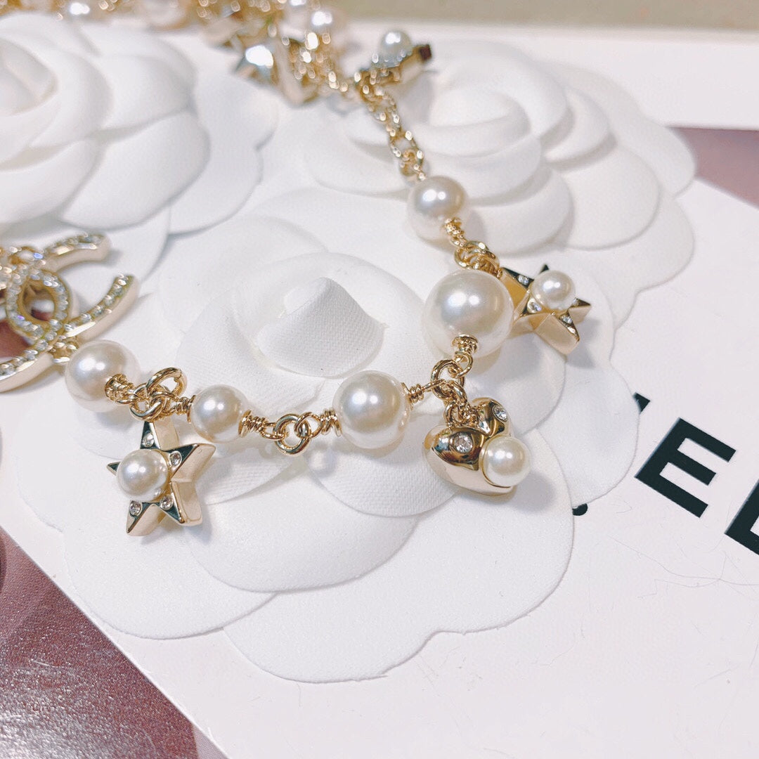 Double-C Emblem Pearl-Detail Pendant Necklace – Pearl Detail – Design 020 front product view