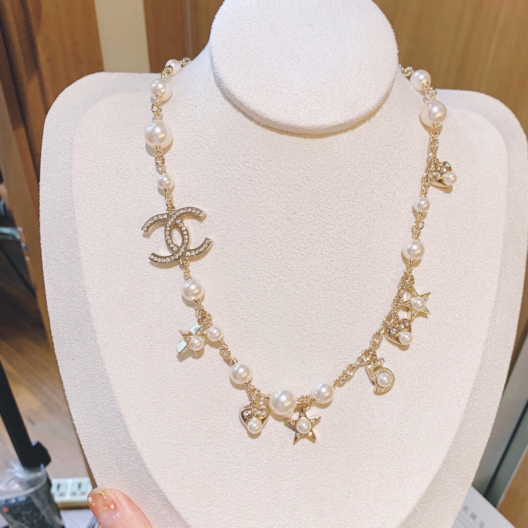 Double-C Emblem Pearl-Detail Pendant Necklace – Pearl Detail – Design 020 main product view