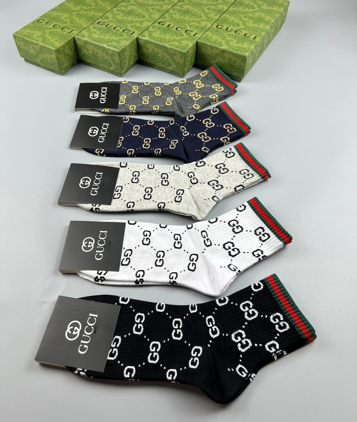 Gucci Monogram-Style Patterns And Stripe Details Crew Socks - 5-Pair Set
