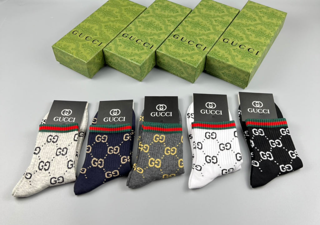 Gucci Monogram-Style Patterns And Stripe Details Crew Socks - 5-Pair Set